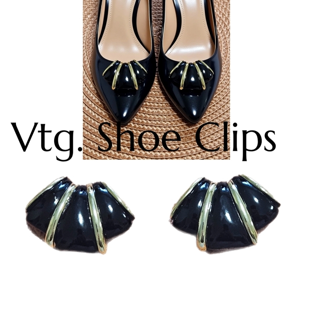 Vintage Black Enamel Shoe Clips with Gold Accents - Women Shoes Accessory
